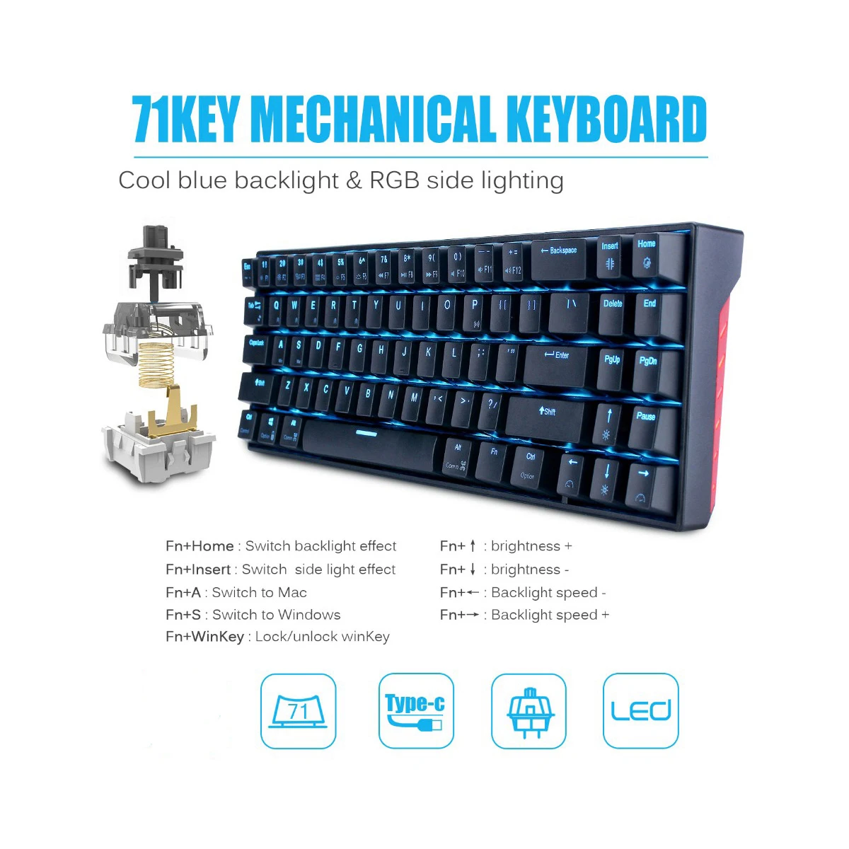 Механическая игровая клавиатура Royal Kludge RK71 с 71 клавишами небольшая беспроводная