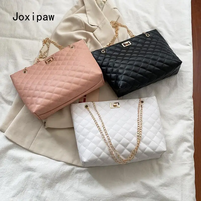 

Big Tote Bags for Women Chain Crossbody Bag Diamond Lattice Shoulder Bag Female Large Leather Plaid Shopper Handbags Sac 2021