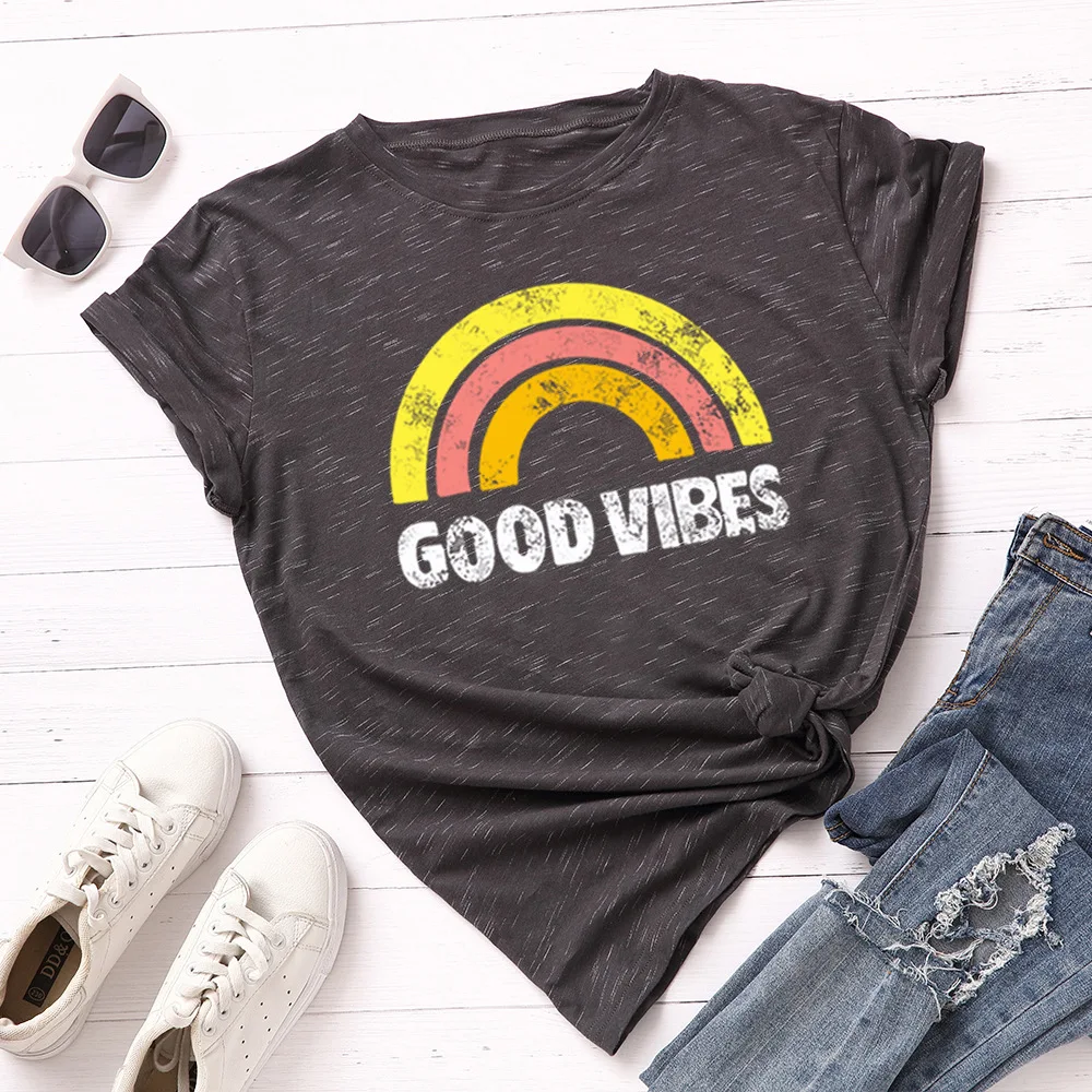 

100% Cotton Summer Woman T-Shirt Good Vibes Print Women Tshirt Plus Size 5XLoose Tops Letter Korean Rainbow Graphic Tees Shirts