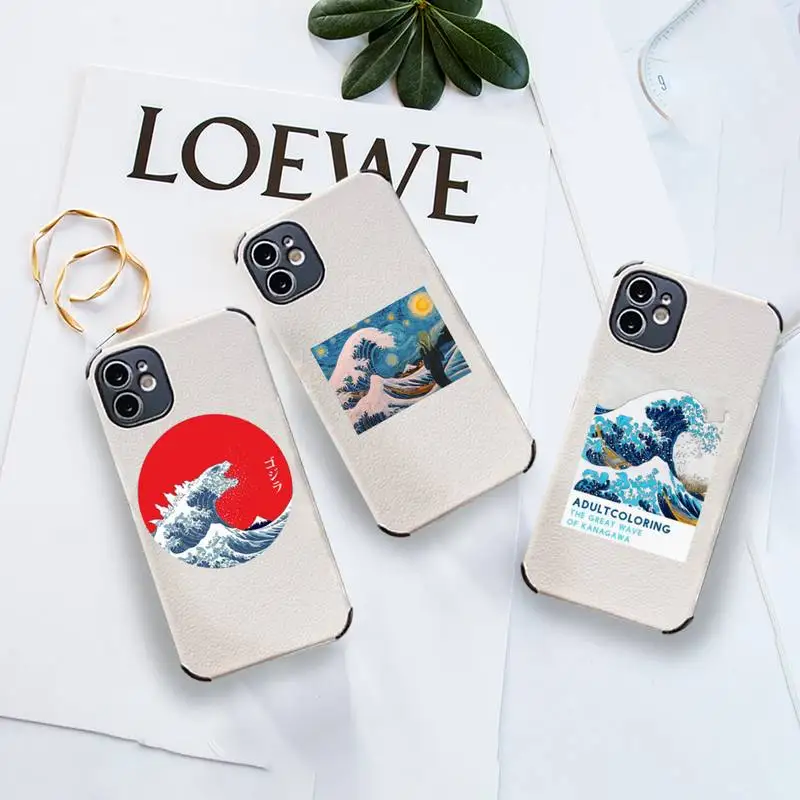

The Big Wave of kanagawa Phone Case Lambskin Leather For iphone 12 11 8 7 6 XR X XS PLUS MINI PLUS PRO MAX Shockproof