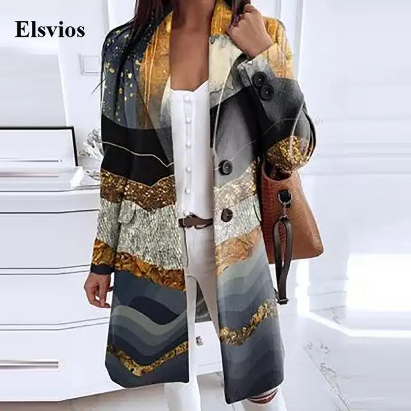 

Retro Print Women Coats Jacket Fashion Elegant Turn-down Collar Lady Suit Blazer Autumn Casual Office Button Long Sleeve Outwear