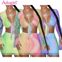 adogirl colorful rainbow stripe print mesh two piece set dress women sexy lace up flare long sleeve blouse crop top mini skirt