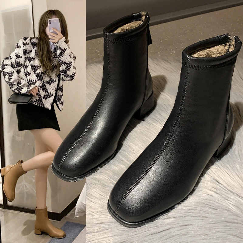 

Women's Autumn Fashion Warm Plush Snow Boots Ladies Pu Leather Shoes Square Toe Winter Ladies Casual Ankle Boots Botas De Mujer