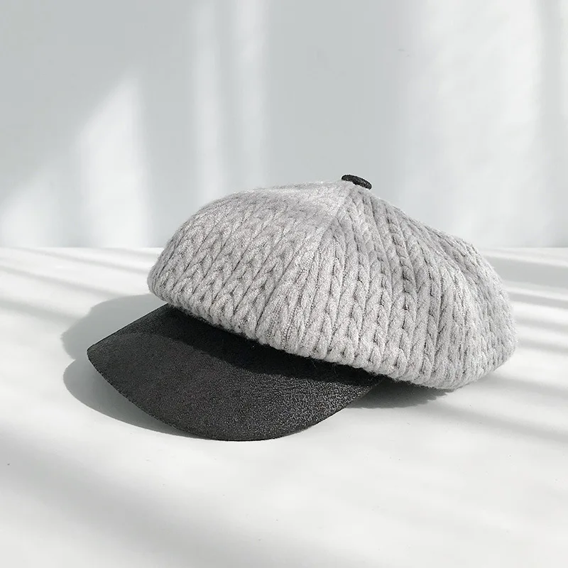 grey VISROVER Мода 5 цветов вязаный клетчатый козырек шляпа осень и зима винтажная шерсть лоскутное берет для женщин английская краска - Цвет: grey