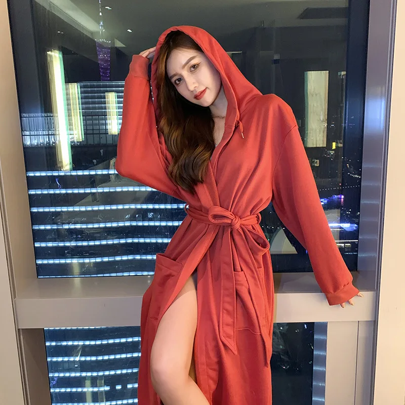 

Bathrobe Solid Long Sleeve Robe With Hat Spring Autumn Dressing Gown For Women