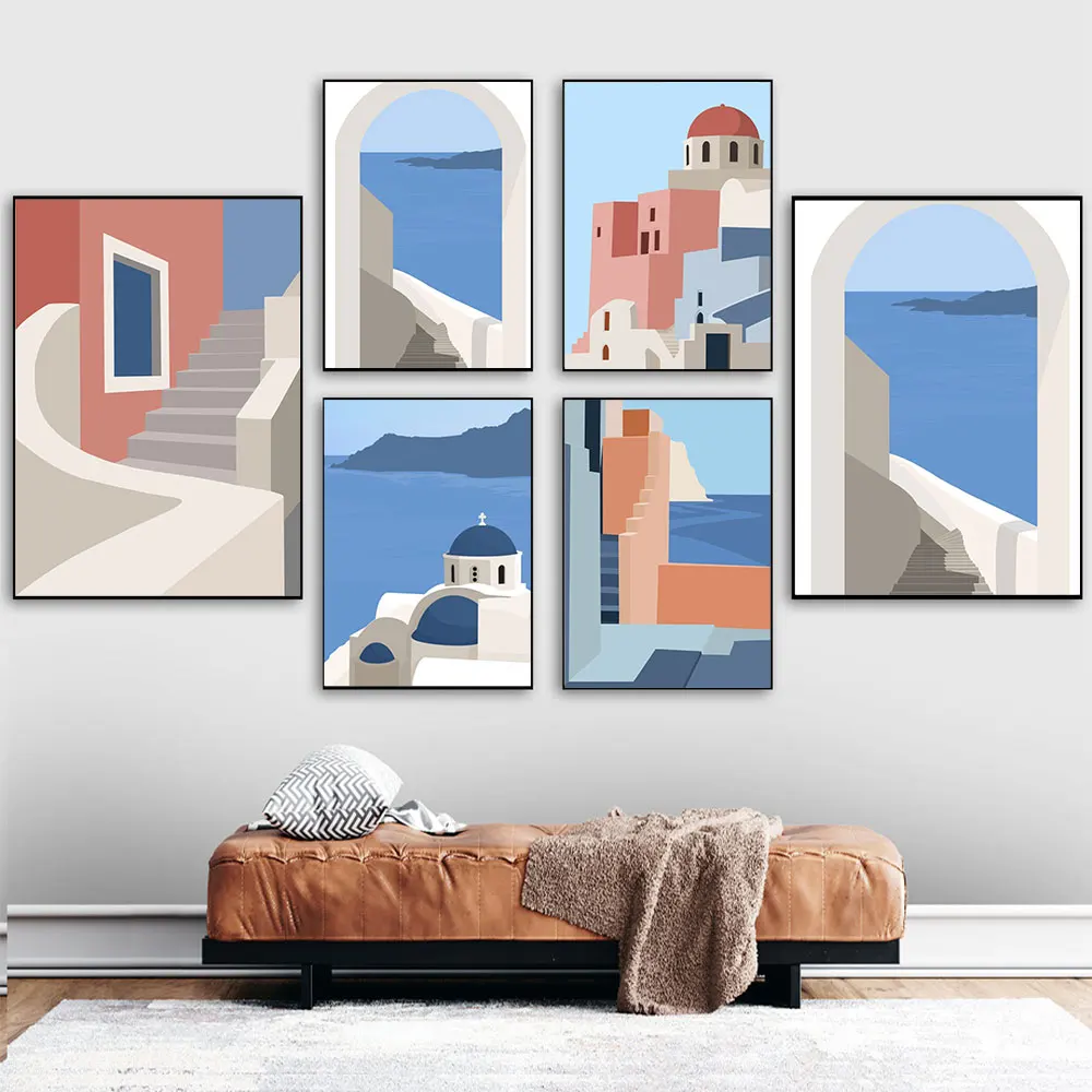 

Minimalist Travel Poster Santorini Greece Art Print Nordic Canvas Painting Modern Natural Wall Picture For Living Room Decor