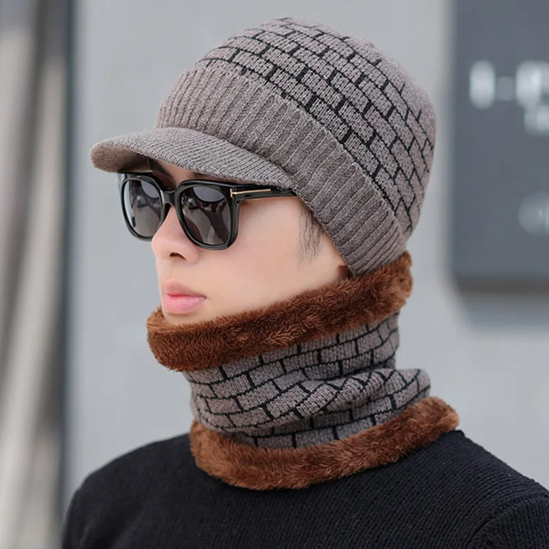Мужская трикотажная шапка с воротником вязаная флисовая утолщенная комплект ASD88