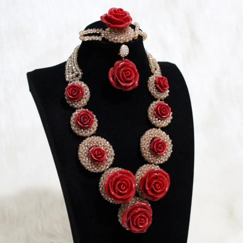 

Dudo Red Gold Costume African Coral Crystal Jewelry Set Nigerian Traditional Wedding Necklace Bracelet Earrings Jewelry Set 2021