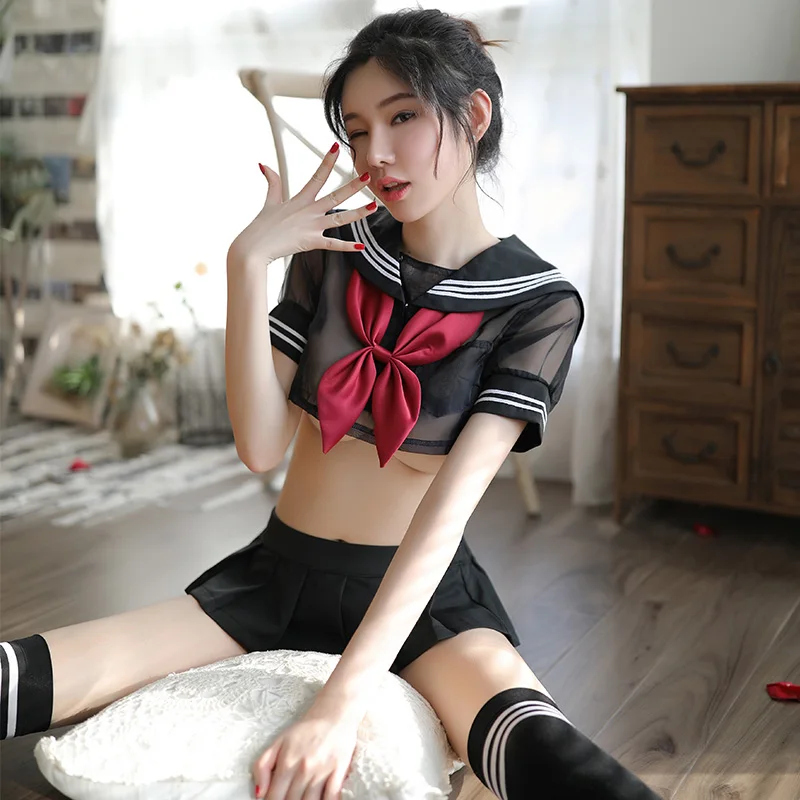 

Women Sexy Uniforms Student Tight See Through Navy Collar Short Tops & Package Hip Bodysuit Set Nightclub Cosplay Sexy Costumes