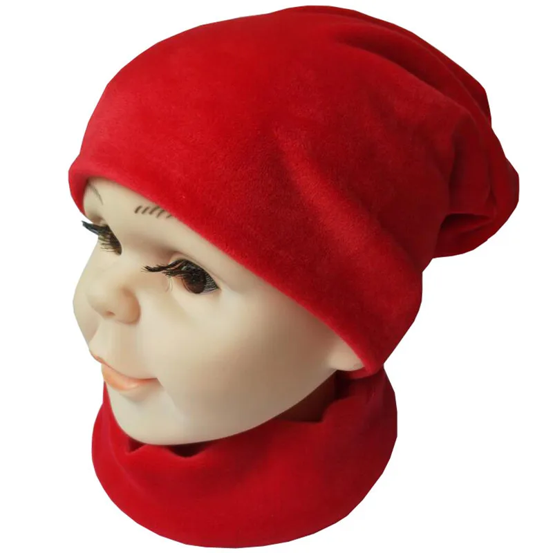 Red set Однотонная Вельветовая теплая шапка для младенца вязанные крючком шапки-бини для мальчиков и девочек осень-зима вязаная детская шапка шарф Дети Skullies - Цвет: Red set