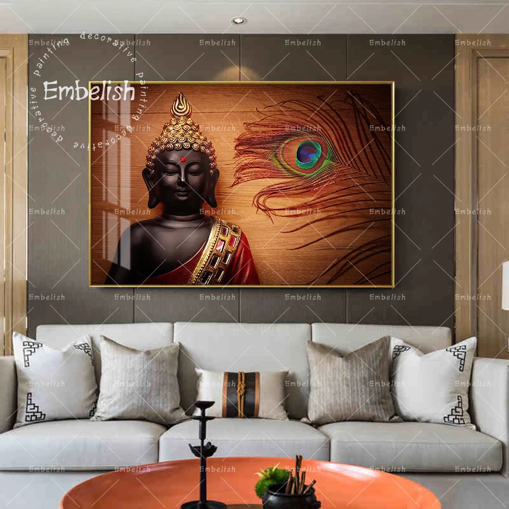 

Embelish 1 Pieces Buddha With Golden Feather HD Print On Canvas Paintings For Living Room Home Decor Pictures Wall Art Posters