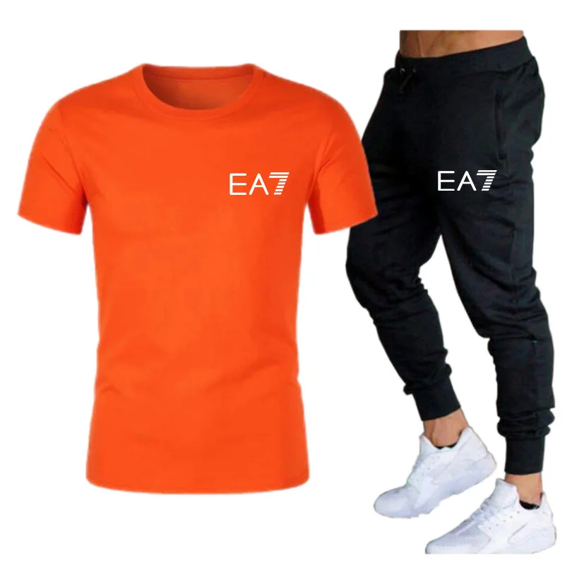 

EA7 Men's T-shirt Men's Pants Two Piece Male Sets Brand Clothing For Men 100% Cotton Casual Shirts Sweatpants S-2XL