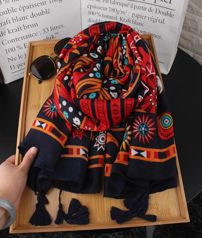 

2020 Summer Scarf & shawl ,retro totem cashew flower cotton linen sunscreen beach towel,seaside vacation travel shawl scarf