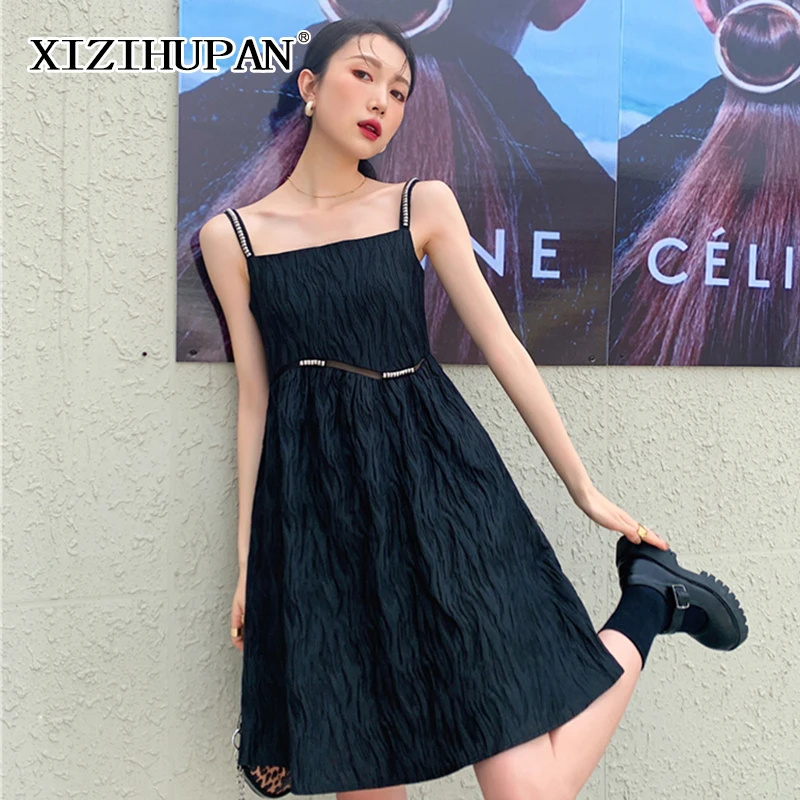 

XIZIHUPAN Hollow Out Solid Dress For Women A Line High Waist Sleeveless Mini Korean Dresses Female Summer Fashion New 2021 Tide