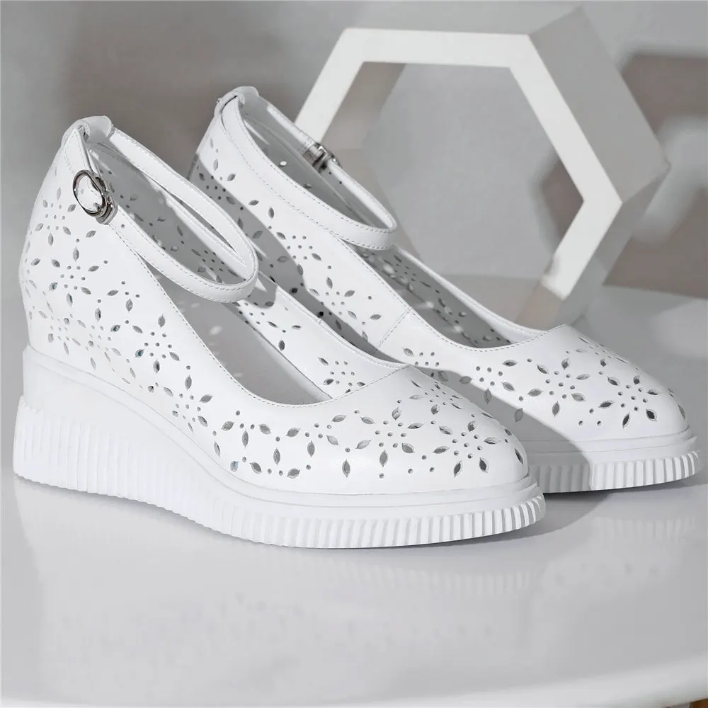 Mary Janes Women Genuine Leather Pointed Toe Ankle Strap High Heels Cutout Sandals Oxfords Casual Party Pumps
