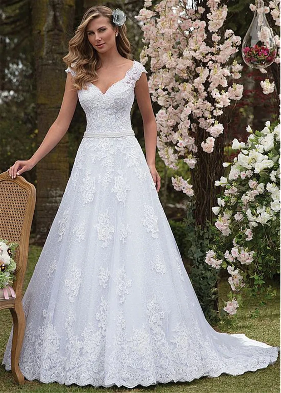 Graceful Tulle & Lace V-neck Neckline A-line Wedding Dress With Lace Appliques & Beadings Sash Bridal Dress vestido de casamento