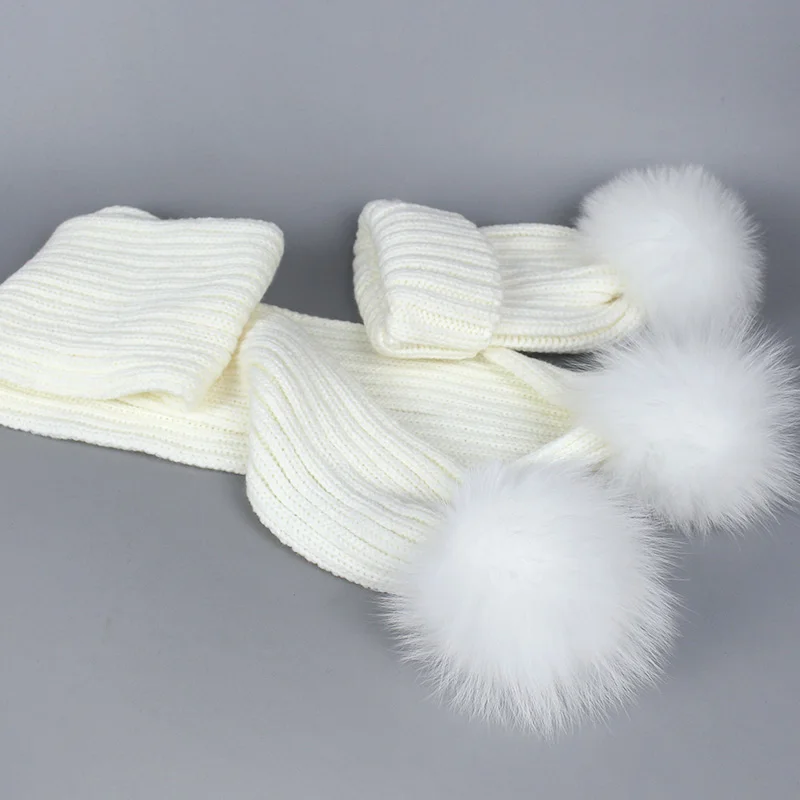 Комплект из шарфа и шапки зимний теплый натуральный шарик меха лисы меховые