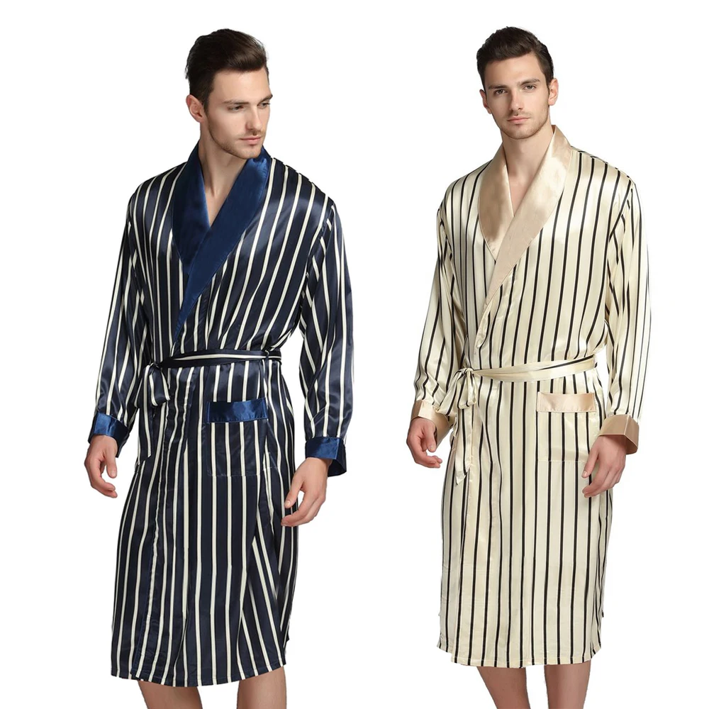 

Mens Silk Satin Pajamas Pajama Pyjamas PJS Sleepwear Robe Robes Nightgown Robes S M L XL 2XL 3XL Plus Beige Blue Striped