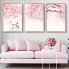 Настенная картина розового цвета на холсте с изображением цветущей милой кошки, аниме плакат, картина в японском стиле для дома, дизайн комнаты, декор в эстетике