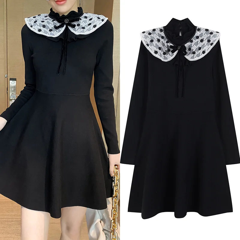 

2021 Fashion Women Swearer Dress Peter Pan Collar Long Sleeve French Chic knitwear A-Line dresses Korean Style female clothes