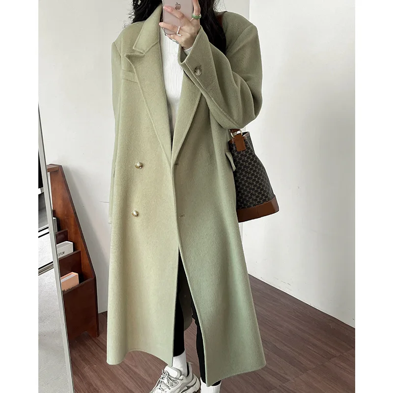

Winter 2021 Korean Handmade Silhouette Woolen Jacket Ol Double-Sided Long Loose Women White 100% Wool Coat Oversized Overcoat