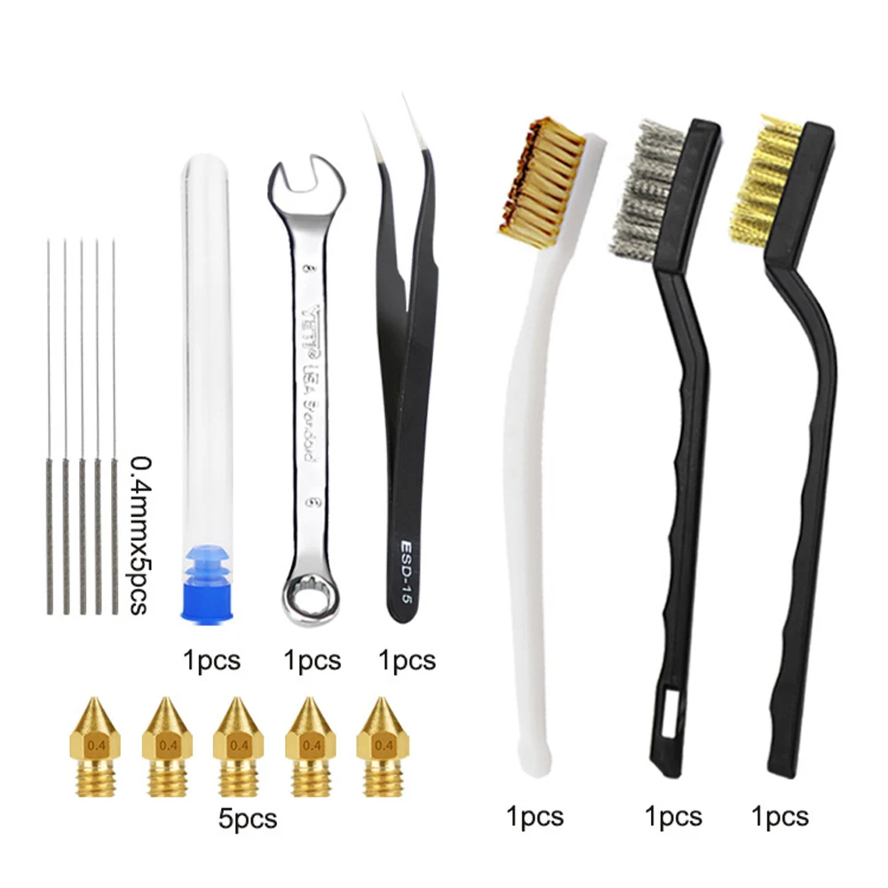 

16pcs 3D Printer Nozzle Cleaning Kit 0.4 mm Cleaning Needles Elbow Tweezers with Copper Wire Cleaning Brush Set