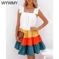 women mini dress summer cute square collar pocket dresses elegant butterfly ruffled sleeve beach party dresses female vestidos