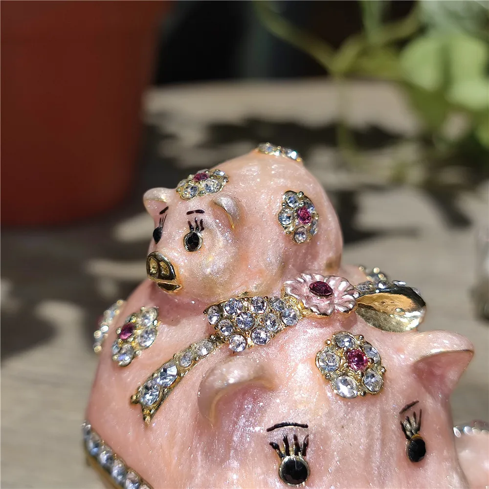 Pewter Pig Trinket Jewelry Box Creative Cute Gifts Metal Craft Collectibles Animal Mother with Three Baby Keepsake Case