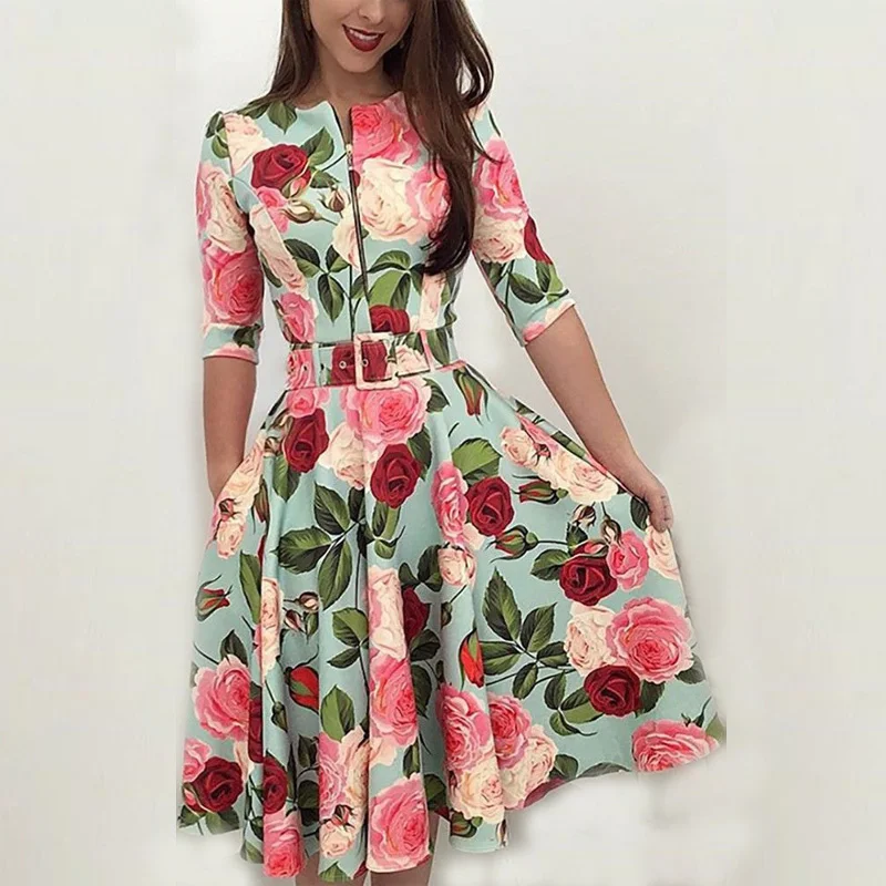 

Women's floral dresses printed half sleeve zipper up front with skater swing belt dressed up as summer party dressed