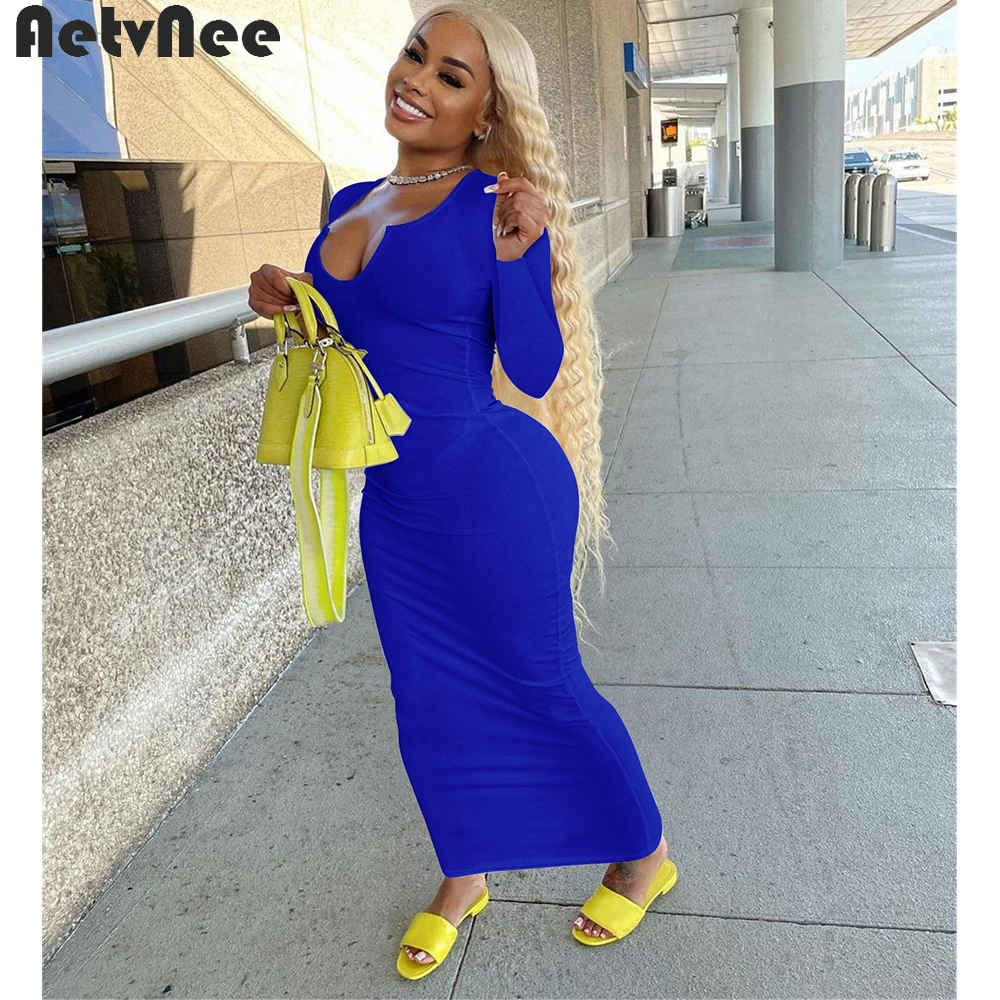 

Autumn Solid Ribbed Maxi Dress Women Basic Vestidos Full Sleeve V-Neck Stretchy Bodycon Long Dresses Casual Streetwear Outfits