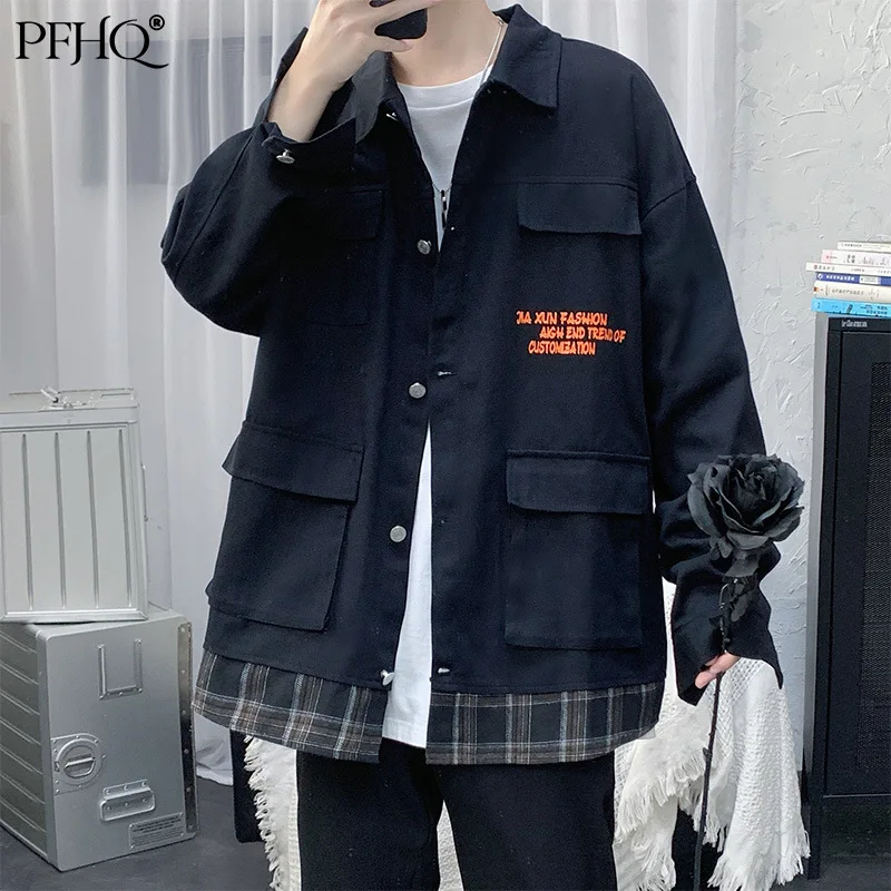 

PFHQ 2021 New Men's Fashion Loose Stitching Lapel Single breasted Multi-pocket Japanese Tooling Jacket Autumn And Winter 21D353