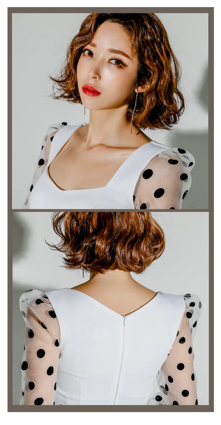 

Elegant 3/4 Sleeve Women Dress Sexy Suqare Neck Knee Length Cocktail Dress Polka Dot Print Nightclub Party Dress White Vestidos