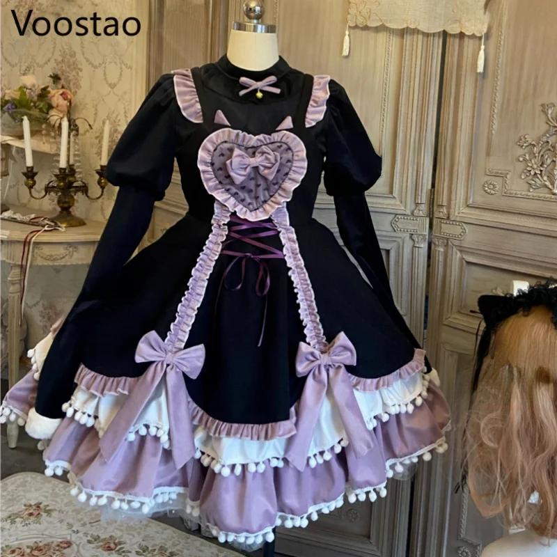 

Japanese Gothic Lolita Jsk Dress Autumn Winter Women Sweet Bow Lace-Up Woolen Warm Party Dresses Girly Princess Cosplay Costumes