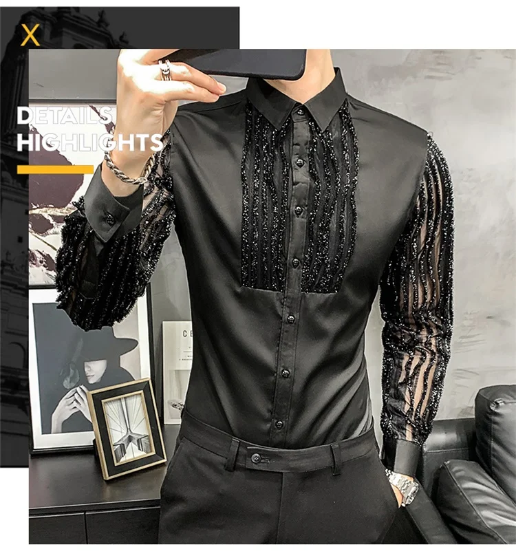 

Men's Hollow Lace Stitching Shirts 2021 Spring Social Party Slim Fit Blouse Homme Vintage Men Clothing Streetwear Casual Tops