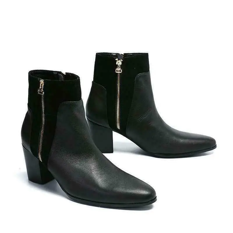 

Mens Leather Punk Zipper Pointy Toe Cuban Mid Heels side zip Shoes Boots L021