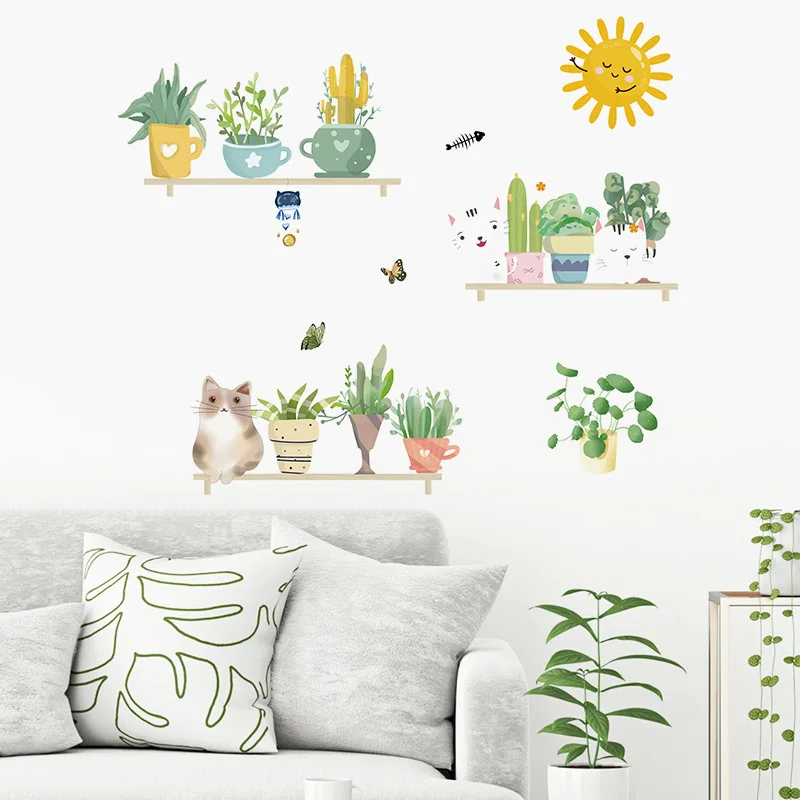 Мультяшные комнатные растения настенные наклейки для домашнего декора кошка