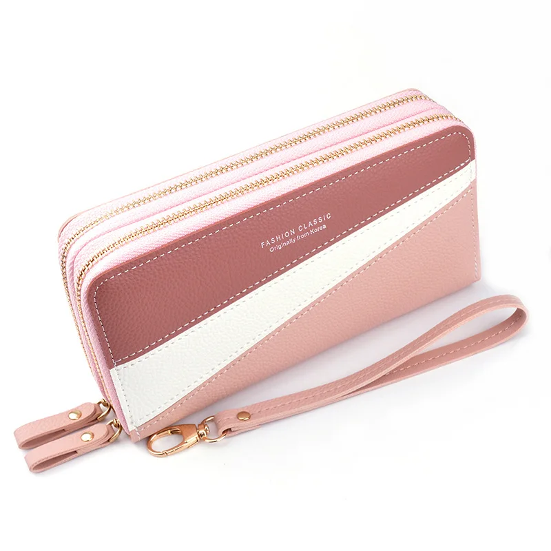 

Patchwork PU Leather Women Long Zipper Wrist Purse Clutch Large Capacity Long Wallet Female Multi-card Position Cellphone Holder