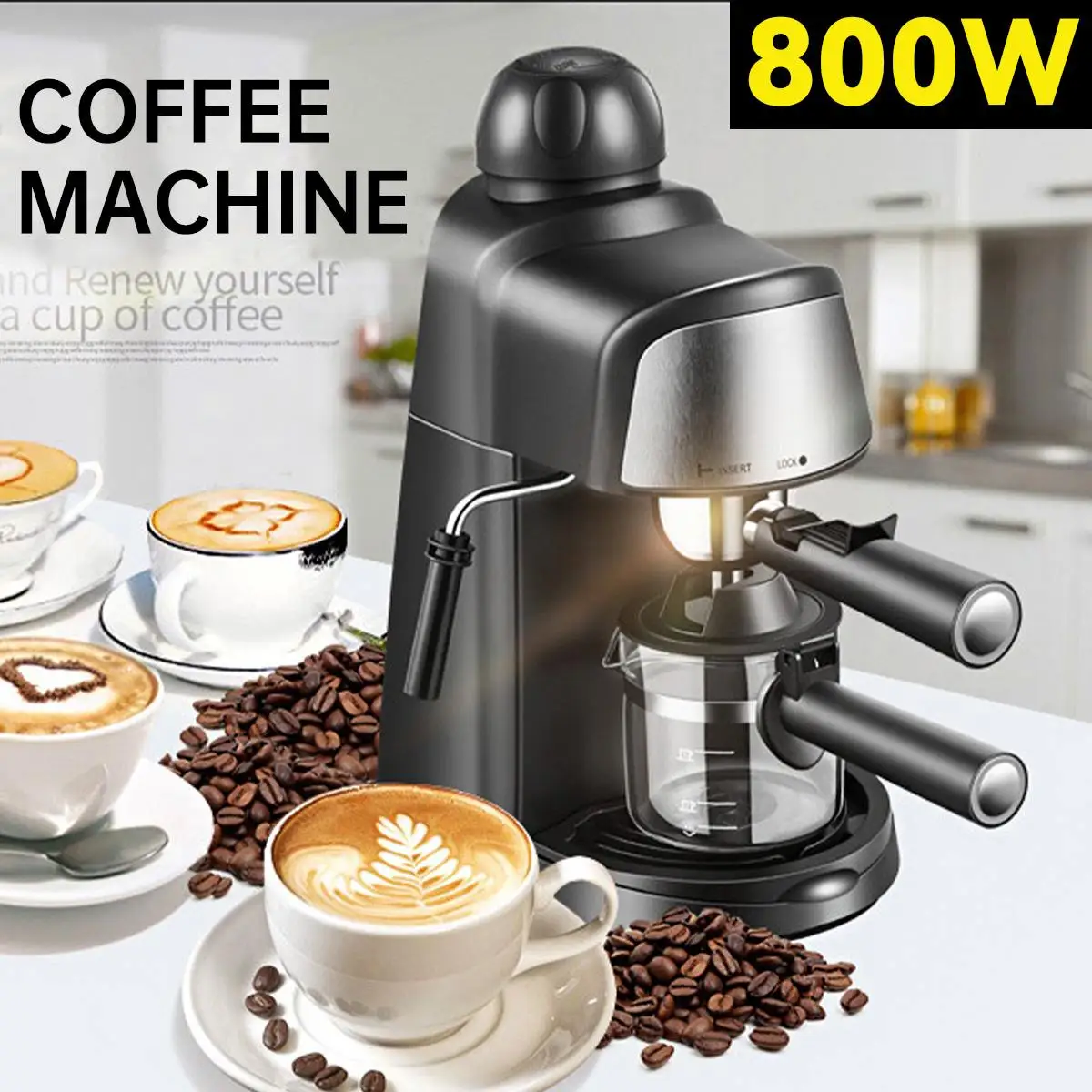 

800W 4 Cups Semi Automatic Espresso Coffee Machine Coffee Maker with Milk Frother Cafetera Cappuccino Hot Water Steam