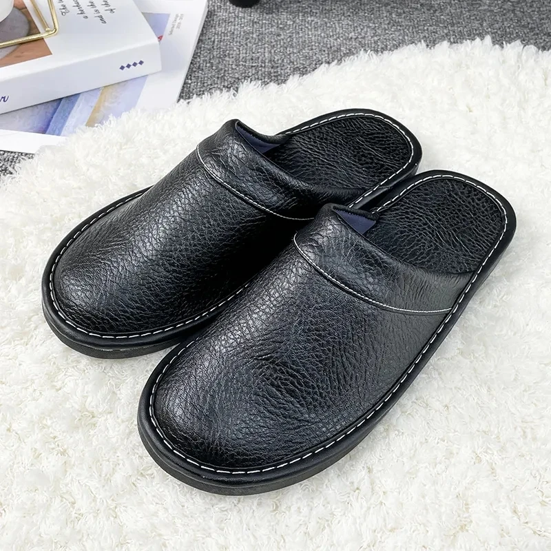 Black Home Leather Slippers Men's Indoor Flats Waterproof Autumn Lovers Shoes Classic House Couples Soft Leather Slippers