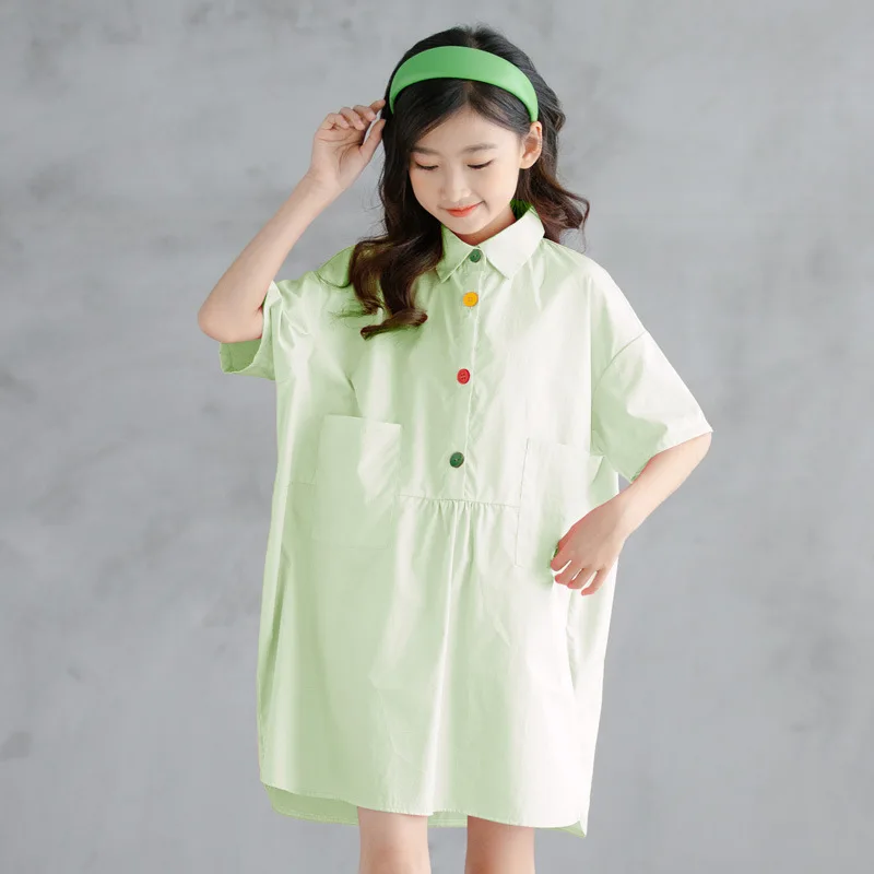 

6 To 16 Years, 2021 New Kids Shirt Dress Buttons Girls Cotton Dress Pockets Teen Casual Dress Children Clothes,#6243