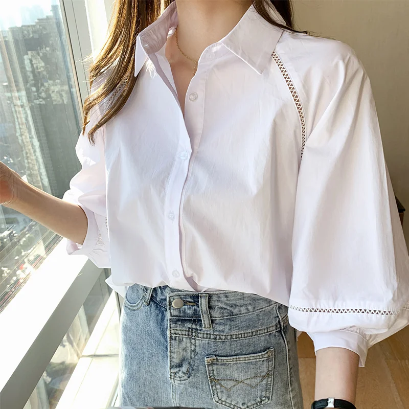 

Korean Women Shirt Chiffon Blouses for Women Lantern Sleeve Shirts Tops Woman White Patchwork Blouse Tops Plus Size Woman Blouse