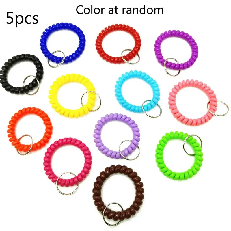 

5Pcs Mixed Wrist Coil Keychains Stretch Wristband Key Ring For Gym Pool ID Badge