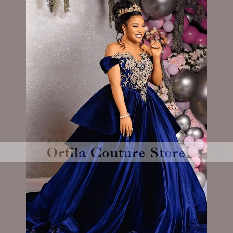 

2021A-Line Formal Evening Dresses Off the Shoulder Short Sleeves Ball Gown Quinceanera Dres Velvet Applique robe de soiré