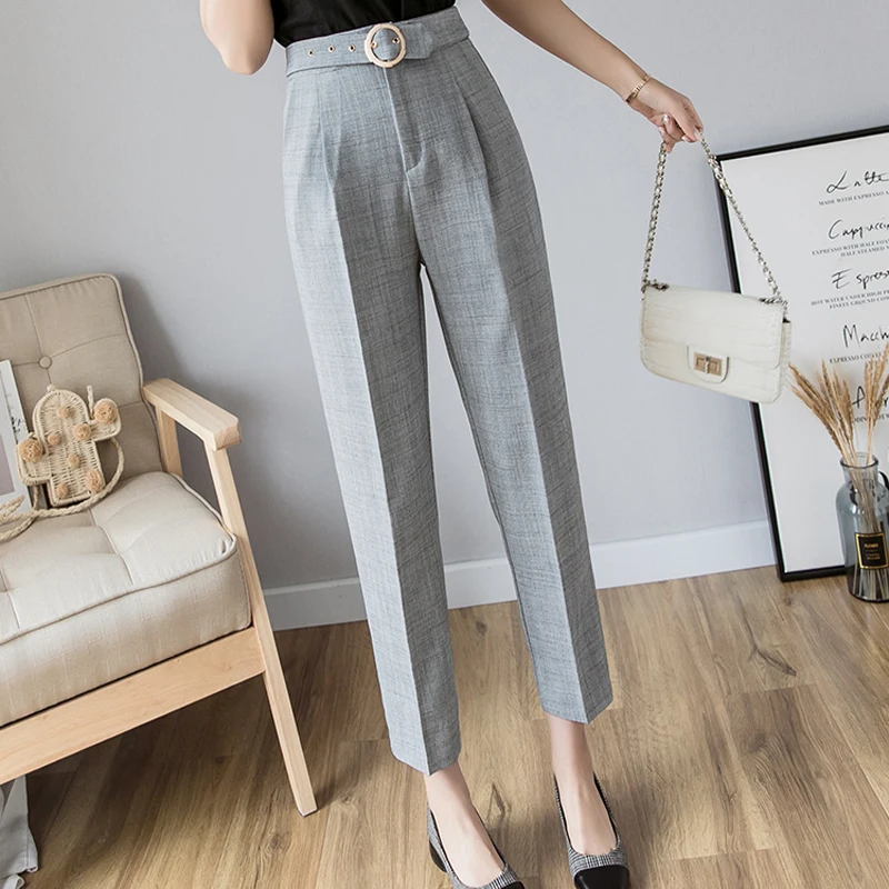

Autumn Winter Simple Casual Pants 2019 High Waist Pockets Belted Women Suit Pants All-match Female Trousers Straight Leg Pants