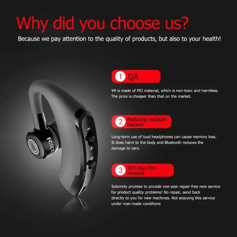 V9 Handsfree Беспроводная бизнес Bluetooth гарнитура с микрофоном для водителя спортивные