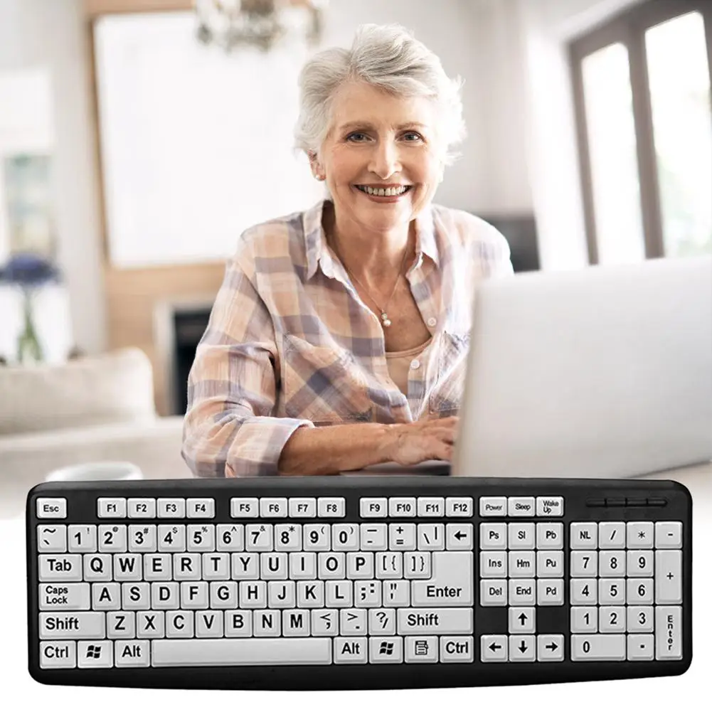 

107 Keys USB Wired White Keys Black Letter Large Print Keyboard for Old People Designed for People With Visual Impairment