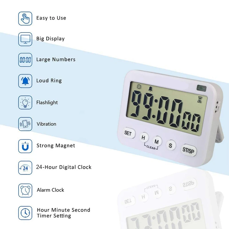 Digital Kitchen Timer Magnetic Cycle Count Down Large Display Memory Function 24-Hour Clock and Alarm with V |
