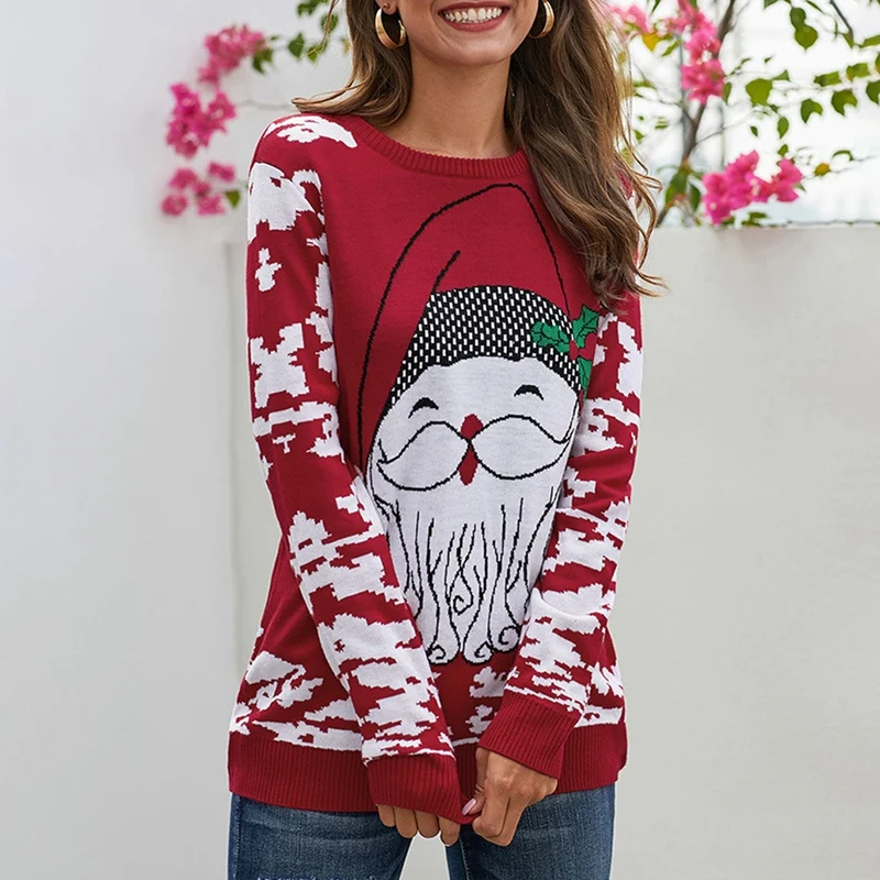 

Рождественский женский свитер с рождественским принтом Санта-Клауса, Рождественский вязаный пуловер с длинным рукавом и круглым вырезом, с...
