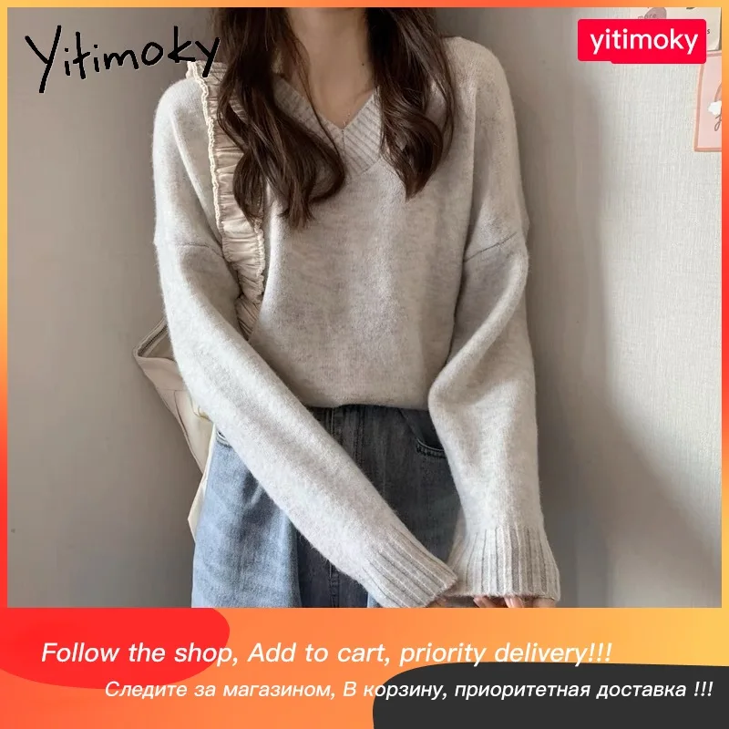 

Свитер Yitimoky, женские пуловеры в Корейском стиле на осень и зиму, Свободный Повседневный трикотажный топ с V-образным вырезом, однотонная вин...