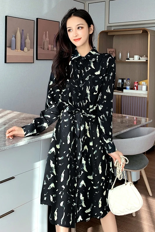 

COIGARSAM Full Sleeve Women Long dress New Spring Chiffon Floral Printlt High Waist Dresses Black 3341